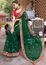 Load image into Gallery viewer, Bottle Green Digital Net Saree with Sequins,Thread,Mirror &amp; Flower Applic work