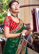 Load image into Gallery viewer, Bottle Green Digital Net Saree with Sequins,Thread,Mirror &amp; Flower Applic work