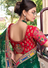 Load image into Gallery viewer, Bottle Green Digital Net Saree with Sequins,Thread,Mirror &amp; Flower Applic work