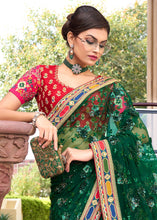 Load image into Gallery viewer, Bottle Green Digital Net Saree with Sequins,Thread,Mirror &amp; Flower Applic work
