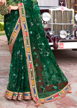 Load image into Gallery viewer, Bottle Green Digital Net Saree with Sequins,Thread,Mirror &amp; Flower Applic work