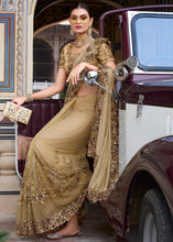 Load image into Gallery viewer, Chiku Brown Digital Net Saree with Sequins,Moti,Mirror &amp; Flower Applic work