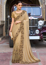 Load image into Gallery viewer, Chiku Brown Digital Net Saree with Sequins,Moti,Mirror &amp; Flower Applic work