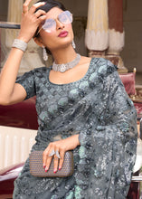 Load image into Gallery viewer, Lead Grey Digital Net Saree with Sequins &amp; Flower Applic work