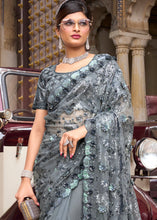 Load image into Gallery viewer, Lead Grey Digital Net Saree with Sequins &amp; Flower Applic work