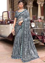 Load image into Gallery viewer, Lead Grey Digital Net Saree with Sequins &amp; Flower Applic work