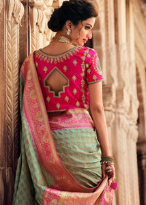 Pale Green Woven Banarasi Silk Saree with Embroidered Blouse