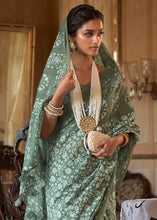 Load image into Gallery viewer, Pistachio Green Floral Printed Linen Saree