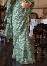 Load image into Gallery viewer, Pistachio Green Floral Printed Linen Saree