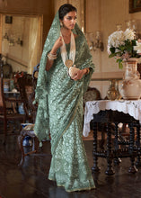 Load image into Gallery viewer, Pistachio Green Floral Printed Linen Saree
