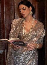 Load image into Gallery viewer, Ash Brown Floral Printed Linen Saree