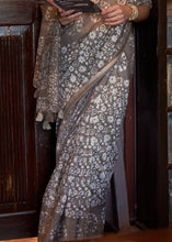 Load image into Gallery viewer, Ash Brown Floral Printed Linen Saree