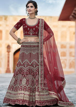 Laden Sie das Bild in den Galerie-Viewer, Maroon Red Velvet Lehenga Choli Having Heavy Embroidery &amp; Hand work: Bridal Edition