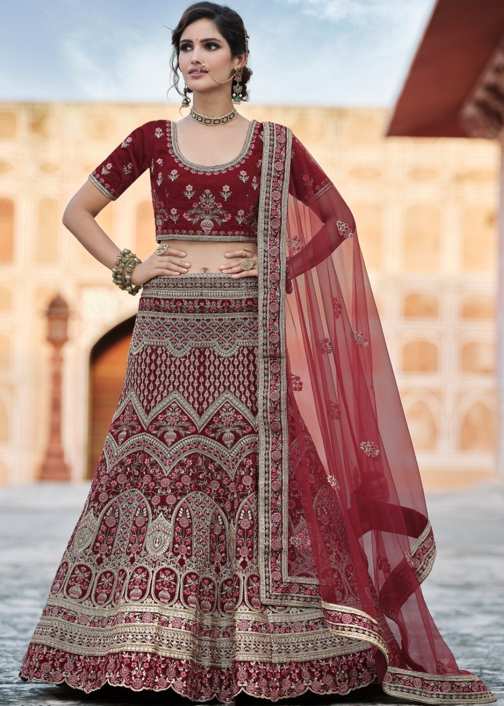 Maroon Red Velvet Lehenga Choli Having Heavy Embroidery & Hand work: Bridal Edition