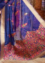 Laden Sie das Bild in den Galerie-Viewer, Berry Blue Linen Silk Saree with Colorful Weaving work