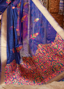 Berry Blue Linen Silk Saree with Colorful Weaving work