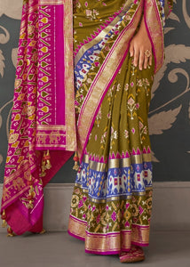 Green & Pink Patola Silk Saree with Zari Border & Tassels On Pallu