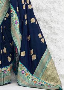 Indigo Blue Soft Banarasi Silk Saree with Zari Woven Butti overall