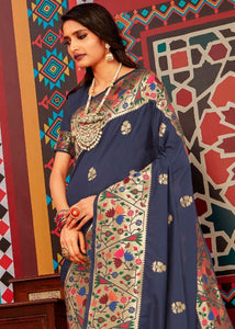 Denim Blue Zari Woven Paithani Silk Saree