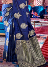 Load image into Gallery viewer, Berry Blue Satin Silk Saree with overall Golden Butti