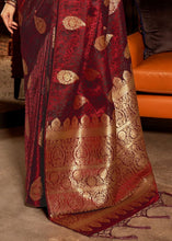 Carica l&#39;immagine nel visualizzatore Galleria,Wine Red Pure Satin Woven Silk Saree with overall Golden Buti