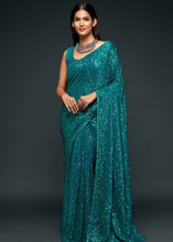 Laden Sie das Bild in den Galerie-Viewer, Dark Teal Blue Sequins &amp; Thread Embroidered Designer Georgette Saree