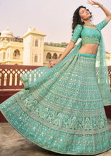 Laden Sie das Bild in den Galerie-Viewer, Light Turquoise Blue Organza Lehenga Choli with Zari, Dori, Resham,Gota &amp; Zarkan work