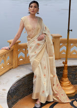 Laden Sie das Bild in den Galerie-Viewer, Ivory White Woven Linen Silk Saree