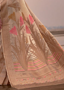 Beige Woven Linen Silk Saree with Floral Motif on Pallu and Border