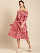 Load image into Gallery viewer, Off shoulder printed midi dress with front tie up