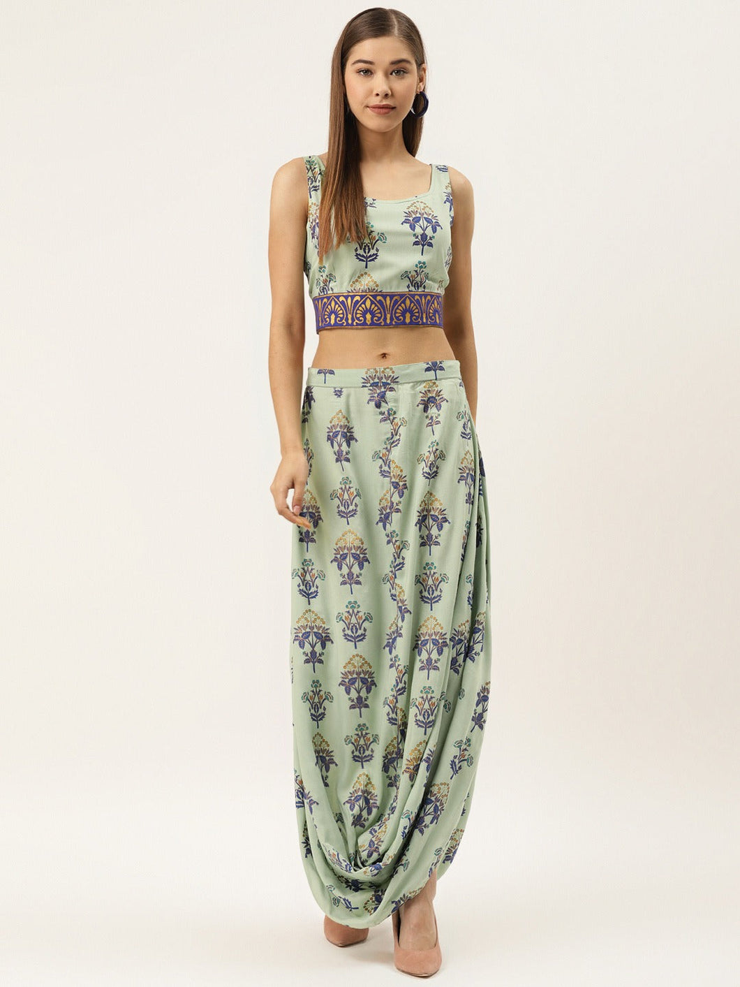 Crop top with cowl dhoti skirt