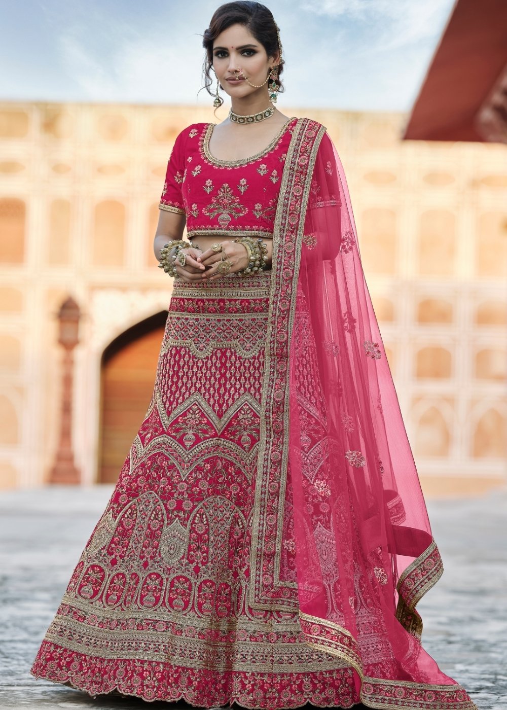 Cerise Pink Velvet Lehenga Choli Having Heavy Embroidery & Hand work: Bridal Edition