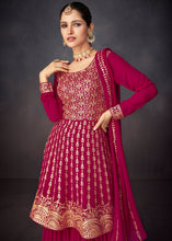Load image into Gallery viewer, Magenta Pink Embroidered Georgette Plazzo Suit: Festival Edition
