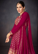 Load image into Gallery viewer, Magenta Pink Embroidered Georgette Plazzo Suit: Festival Edition