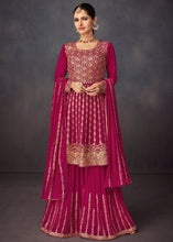 Load image into Gallery viewer, Magenta Pink Embroidered Georgette Plazzo Suit: Festival Edition