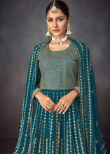 Load image into Gallery viewer, Prussian Blue Embroidered Georgette Plazzo Suit: Festival Edition