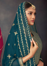 Load image into Gallery viewer, Prussian Blue Embroidered Georgette Plazzo Suit: Festival Edition