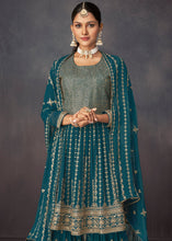 Load image into Gallery viewer, Prussian Blue Embroidered Georgette Plazzo Suit: Festival Edition