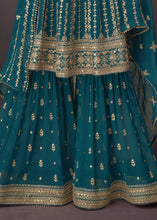 Load image into Gallery viewer, Prussian Blue Embroidered Georgette Plazzo Suit: Festival Edition