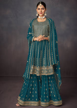 Load image into Gallery viewer, Prussian Blue Embroidered Georgette Plazzo Suit: Festival Edition