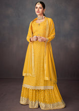 Load image into Gallery viewer, Aureolin Yellow Embroidered Georgette Plazzo Suit: Festival Edition