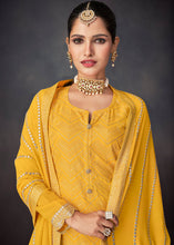 Load image into Gallery viewer, Aureolin Yellow Embroidered Georgette Plazzo Suit: Festival Edition