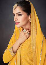 Load image into Gallery viewer, Aureolin Yellow Embroidered Georgette Plazzo Suit: Festival Edition