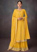 Load image into Gallery viewer, Aureolin Yellow Embroidered Georgette Plazzo Suit: Festival Edition