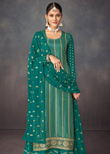 Load image into Gallery viewer, Jade Green Embroidered Georgette Plazzo Suit: Festival Edition