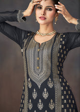 Load image into Gallery viewer, Charcoal Grey Embroidered Georgette Plazzo Suit: Festival Edition