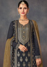 Load image into Gallery viewer, Charcoal Grey Embroidered Georgette Plazzo Suit: Festival Edition