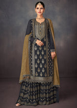 Load image into Gallery viewer, Charcoal Grey Embroidered Georgette Plazzo Suit: Festival Edition