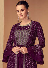 Load image into Gallery viewer, Byzantine Purple Georgette Designer Embroidered Suit with Long Jacket