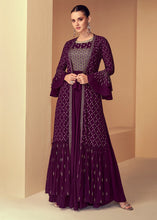 Load image into Gallery viewer, Byzantine Purple Georgette Designer Embroidered Suit with Long Jacket